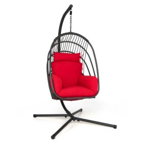 Hanging Folding Egg Chair with Stand Soft Cushion Pillow Swing Hammock - Red