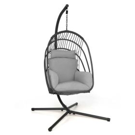 Hanging Folding Egg Chair with Stand Soft Cushion Pillow Swing Hammock - Gray